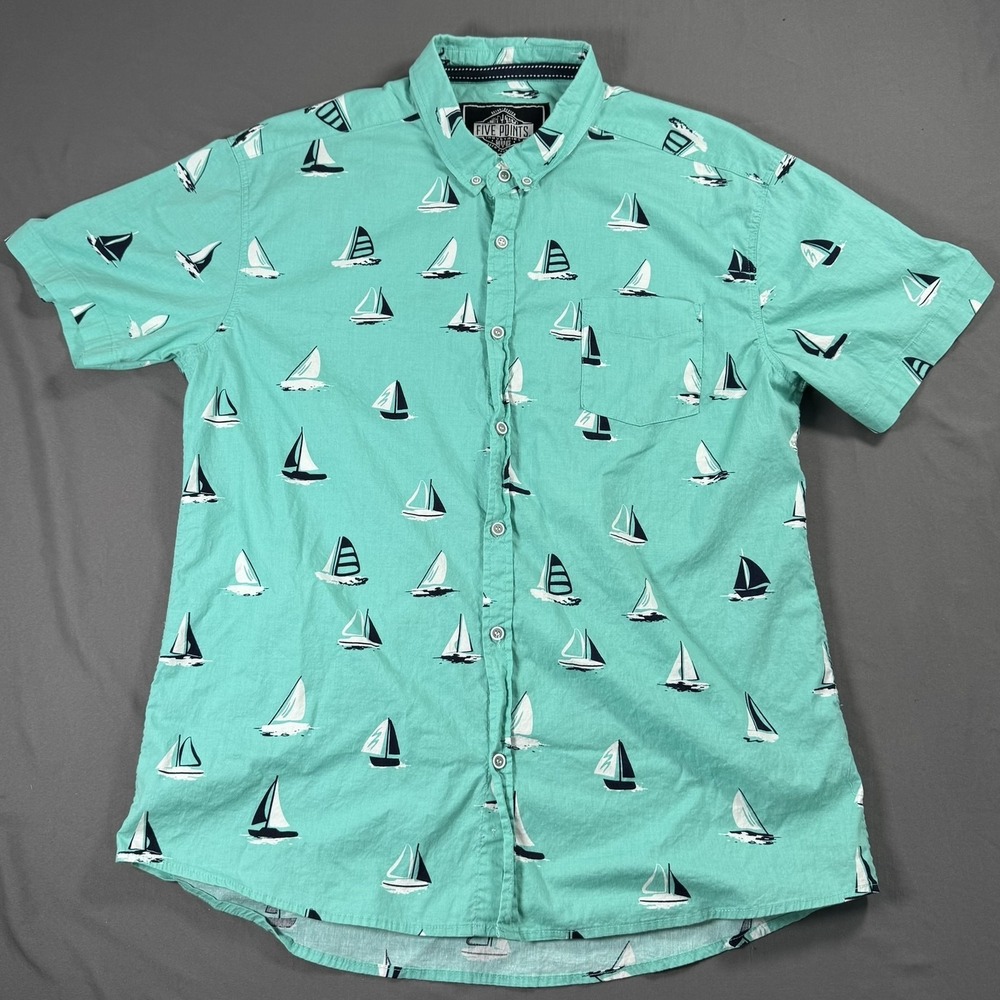 Five Points Shirt Mens XL Green Sailboat Nautical Short Sleeve Slim Fit Flex